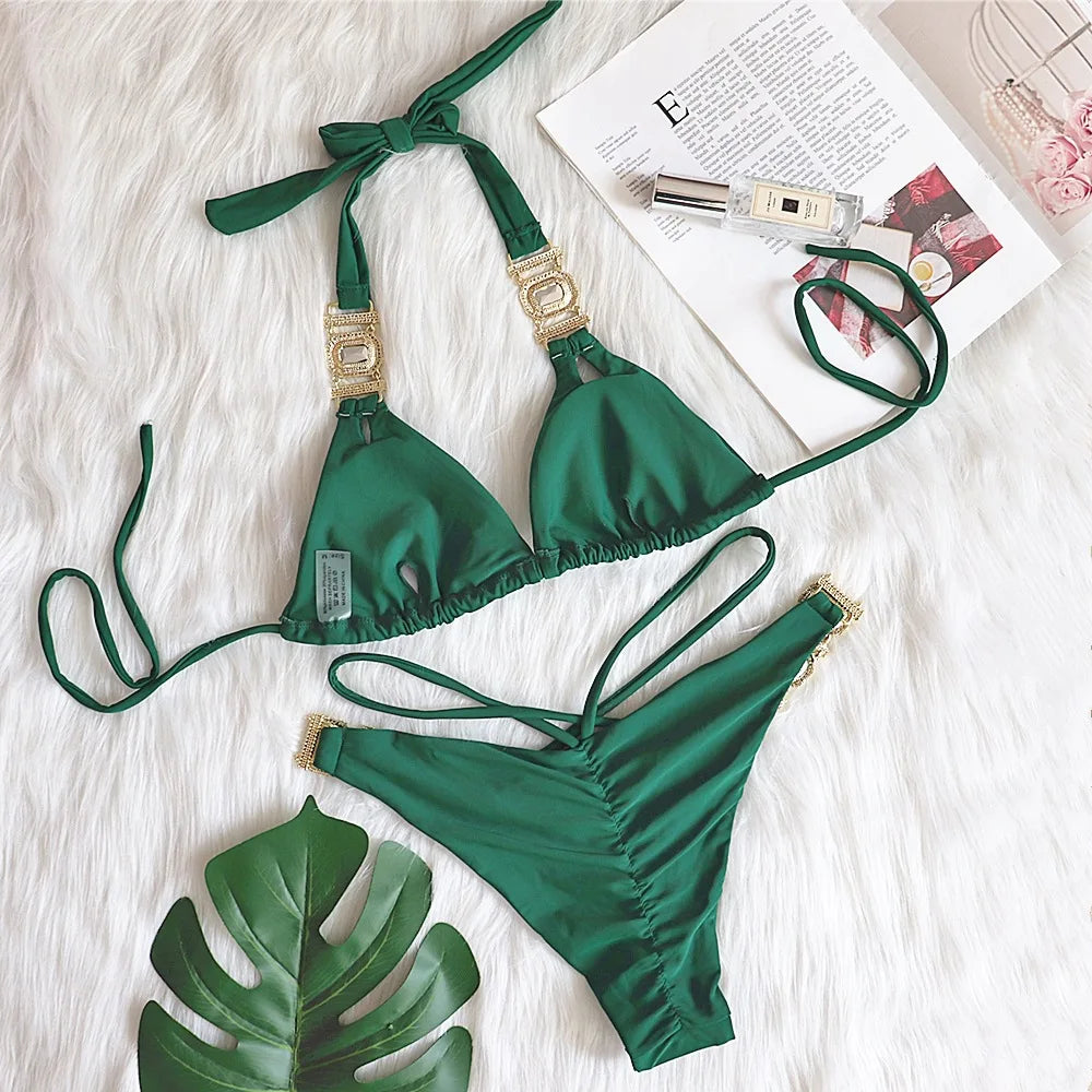 3 Colors Sexy Bikini Women Swimwear Swimsuit Luxe Crystal Diamond Halter Bandage Solid Bikinis Set Bathing Suit Beachwear Female