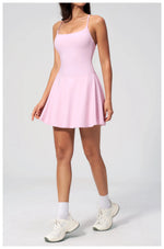 Women Tennis Dress with Shorts Pocket Square Neck Hollow Back Sleeveless One Piece Sports Outfit Fitness Pleate Mini Dresses
