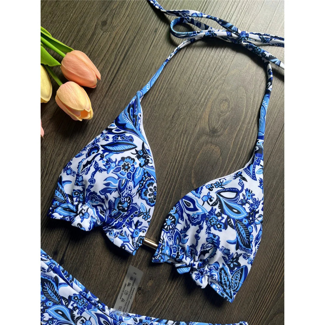 Sexy Flowers Printed Halter Brazilian Bikini Female Swimsuit Women Swimwear Two-Pieces Bikini Set Bather Bathing Suit Swim V6070