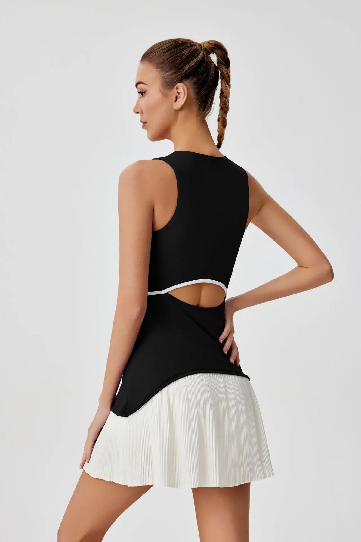 Women One-piece Tennis Dress Summer Black Contrast Pleated Anti Light Speed Dry Sports Dresses Hollowed Out Back Yoga Clothes