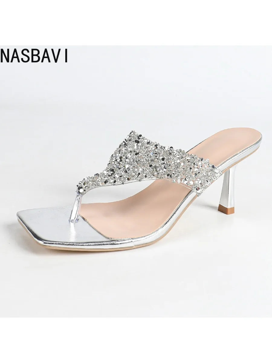 NASBAVI 7cm Thin-heeled Flip-flops for Summer, Shiny Rhinestones, Square-toed, Open-toed, Hermeted Casual Outerwear for Women