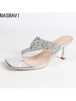 NASBAVI 7cm Thin-heeled Flip-flops for Summer, Shiny Rhinestones, Square-toed, Open-toed, Hermeted Casual Outerwear for Women