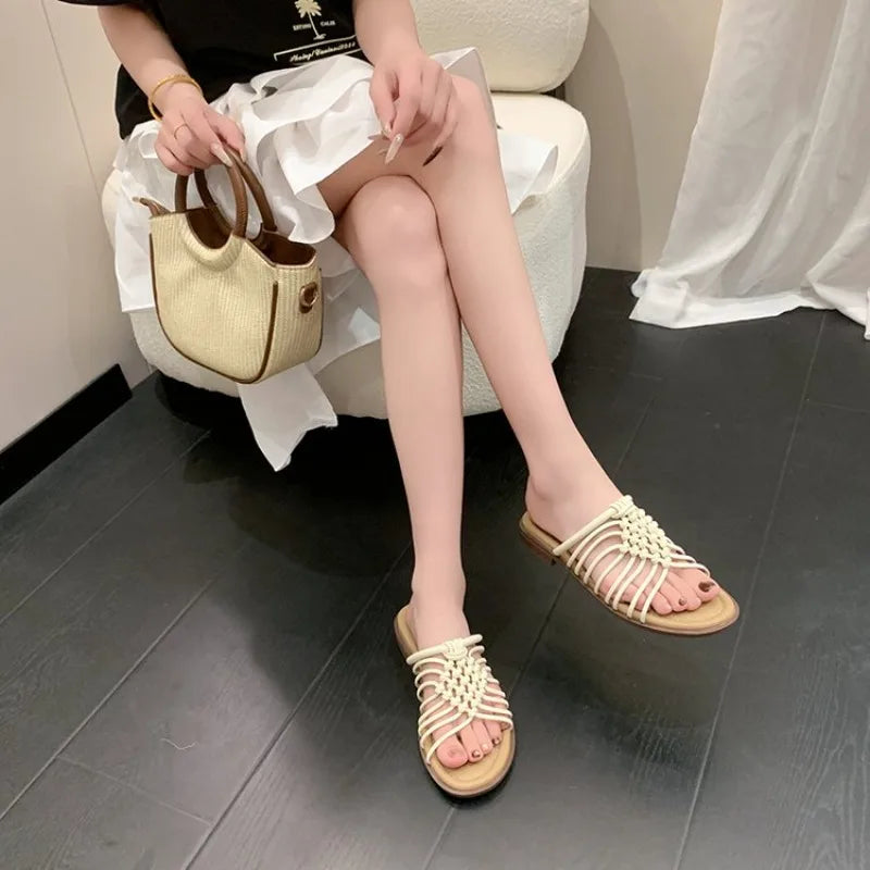 Outer Wear Roman Breeze Slippers Handwoven Low Heel Slippers for Women