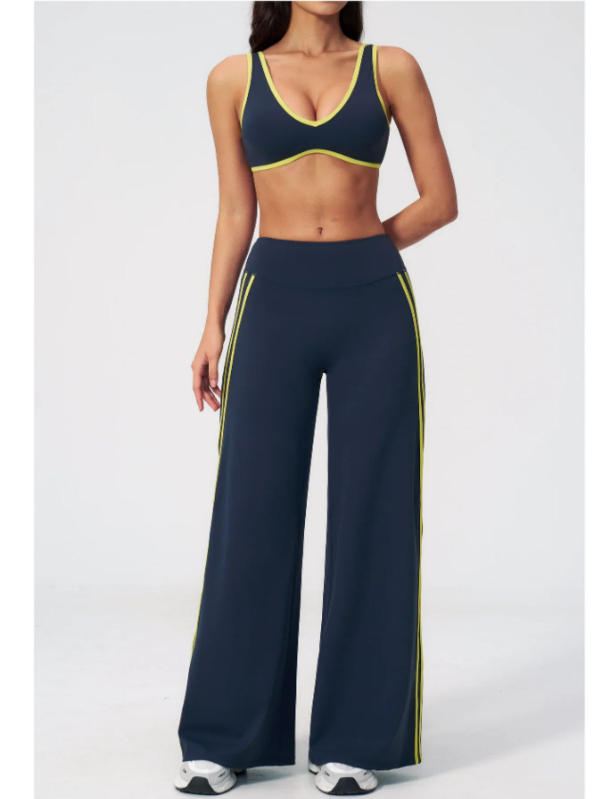 Women's Tracksuit Color Blocked Yoga Sets V Neck Sports Bra High Waist Flare Pants Fitness Suit Outdoor Running Workout Clothes