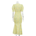 FDYOUI 2026 Summer V-neck Short Sleeve Floral Print Yellow Party Dress Women Single Breasted Lace-up Slim Long Vacation Dresses