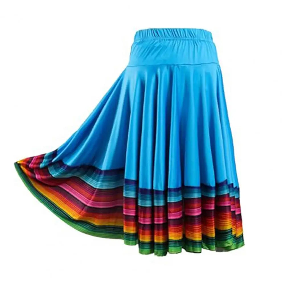 High Waist Spanish Swing Skirt Midi Skirt Ladies Folk Dance Skirt Elastic Large Swing Hem Mexican Flamenco Performance Skirts