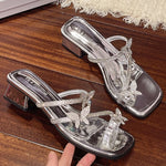 2025 Fashion Silver Crystal Sandals Women Rhinestone Butterfly Thick Heel Sandles Woman Summer Med Heeled Party Shoes Female