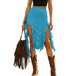 Women Western Boho Midi Skirt High Waist Ruffled Asymmetrical Hem Slit Flowy Summer Skirts Casual Cowgirl Style Streetwear Y2k