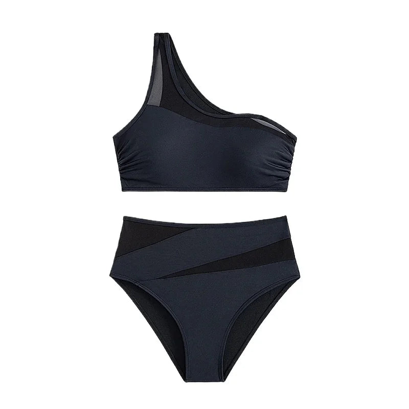 Sexy Black Bikini Women Swimsuit Two Piece Swimwear High Waisted Bikinis Set One Shoulder Bathing Suits Brazilian Biquini Mesh