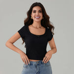 Women's Summer Solid Color Basic T-Shirts Casual Slim Fit Stylish Lace Trim Bow Crew Neck Short Sleeve Crop Tops