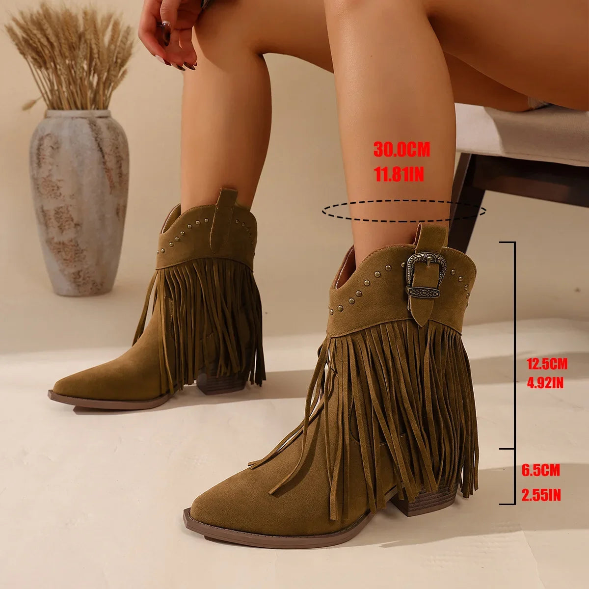 Women Ankle Boots AutumnSuede Chelsea Boots Pointed Toe Tassel High Heel Shoe Rivet Fashion Retro Cowboy Boots Botas Mujer