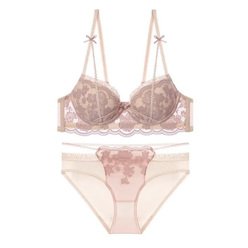 Antique French Lace Underwire Bra | Retro Petite Deep V Plunge Set | Summer Non-Padded Lingerie | Sexy Bridal Push Up Effect
