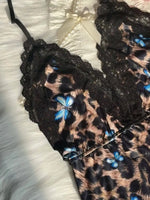 Women Leopard Print Lace Nightgown V Neck Cami Sleepwear Adjustable Spaghetti Strap Side Slit Lounge Dress
