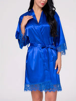 Women's Satin Robe Lace Trim Short Sleeve Belted Bathrobe Lightweight Silky Sleepwear for Home Bridal Nightwear