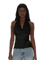 Women Halter Cowl Neck Tank Tops Slim Solid Color Satin Sleeveless Backless Vest for Going Out Party Club