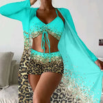 Women Bathing SuitPrint Leopard Bikinis 3 Pieces Swimsuit Kimono High Waist Bikini Shorts Long Sleeve Beach Cover Up Swimwear