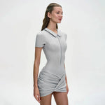FDYOUI Women's Polo Collar Zip-up Jumpsuit Dress Chic Short Sleeve Folds Solid Bodysuits One Piece Yoga Fitness Sporty Playsuits