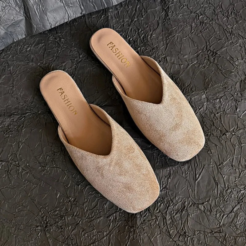 Women Suede Flats Mules Shoes Square Toe Slingback Slippers Casual Sandals 2026Trend Summer Dress Flip Flops Cozy Mujer Slides