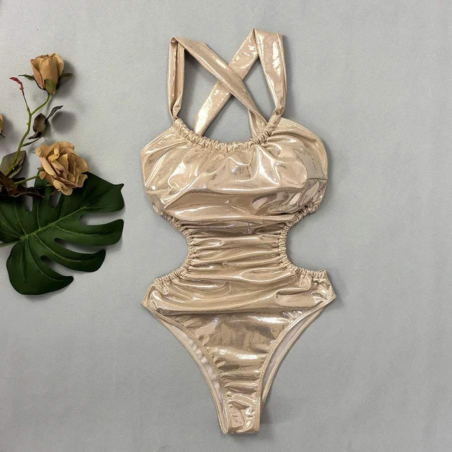 Sexy Gold One Piece Swimsuit 2025 Women Halter Neck Pleate Backless Tummy Control Swimwear Beach Bathing Suit Holiday Monokini