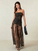 Women’s Tube Top Dress Bohemian Printed Strapless Mesh High Slit Long Dress Summer Evening Party Beach Sexy Club Dresses Summer