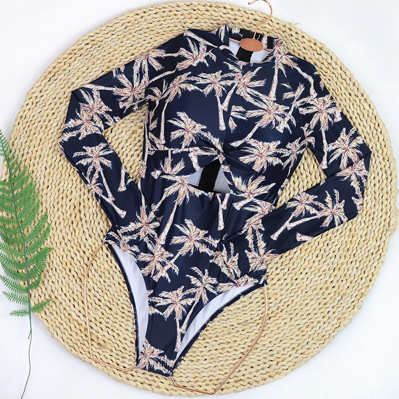 2025 Women's Rashguard Long Sleeves One Piece Swimsuit Patchwork Swimwear Zipper Monokini Surf Bathing Suit Sports Bodysuit S-XL