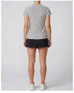 Women's Yoga Outfit Set Black Stripe Tennis Skirt Workout Clothes Short Sleeve O Neck Sports T Shirts Mini Skorts Fitness Sets