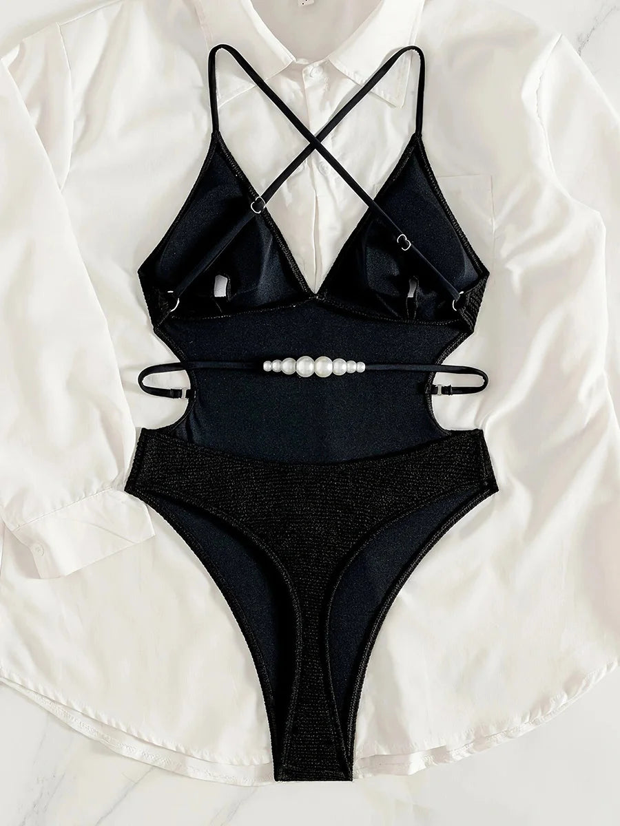 Cross Backless Ribbed V Neck Thong Female Swimwear One Piece Swimsuit Women Monokini High Cut Leg Bathing Suit Swim Bodysuit