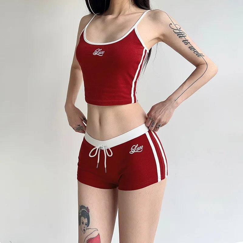 Sports and leisure two-piece camisole sports vest lace-up shorts set