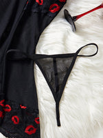 Hot Red Lips Lace Contrasting Sexy Babydoll Dress Mesh Slimming Erotic Lingerie With Thongs Sex Night Costumes
