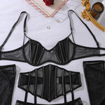 Toucheart Erotic Lingerie black Thin model see-through mesh Patchwork Body shaping gather together pure desire 5PCS with Gloves
