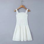 Foridol Bowknot Smocked White Short Dress Women Summer Cotton Mini Sleeveless Tank Sundress Beach Chic Buttons Dress for Petite