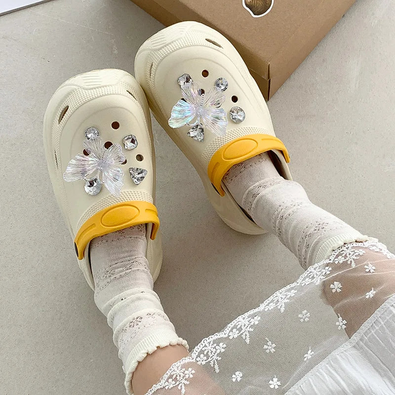 Cute DIY Butterfly Fashion Clogs For Women Summer Platform Shoes Soft EVA 2 Way Wear Sandals For Female Indoor Street Slippers