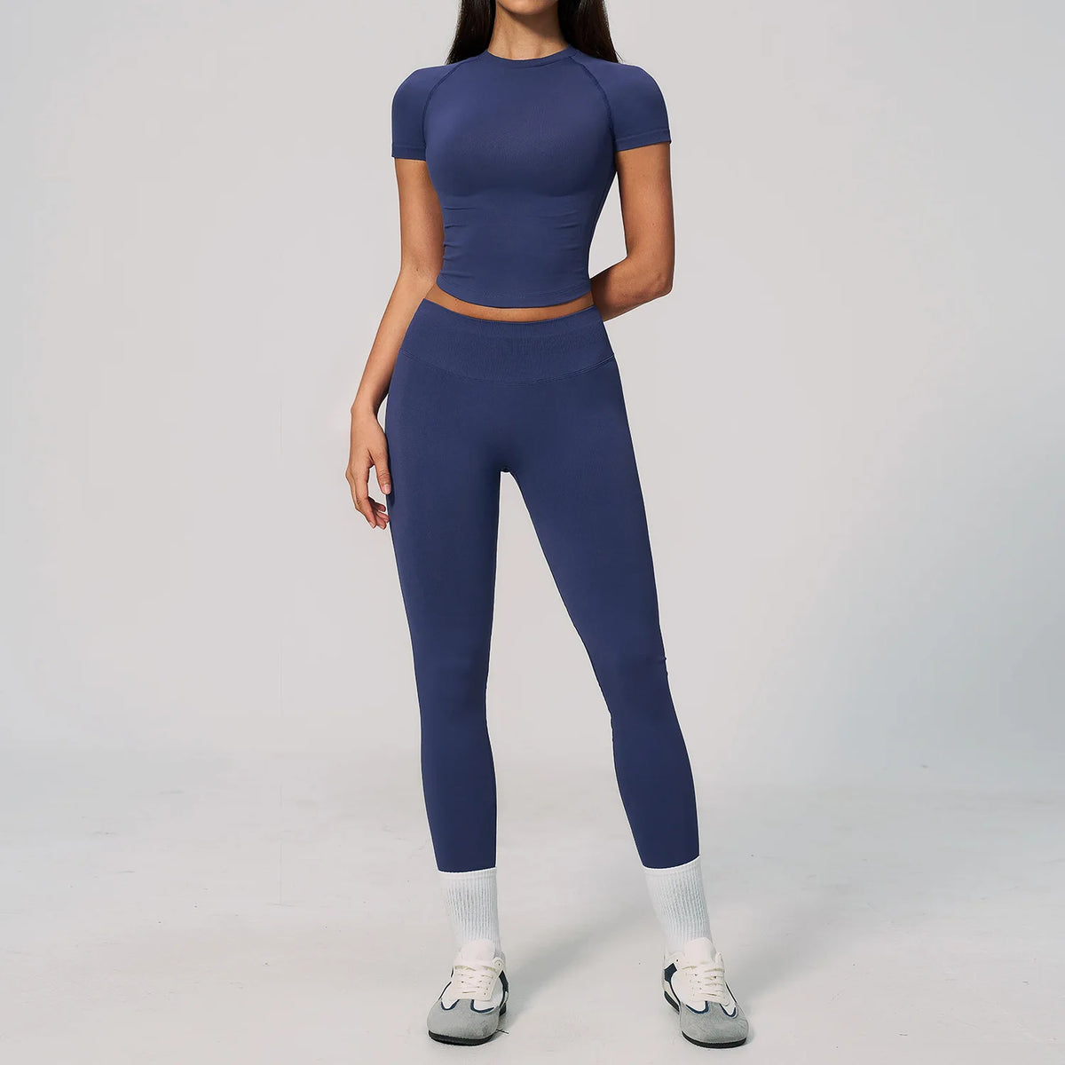 2PCS Women's Tracksuit Seamless Yoga Set Short Sleeve O Neck Workout T Shirts Fitness Suit Tight Hip Lifting Leggings Gym Sets