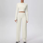 2 Pcs Women's Seamless Yoga Set Long-sleeved Wide-leg Pants Tracksuit Fitness Sports Set High-waisted Hip-lifting Slim-fit Suit