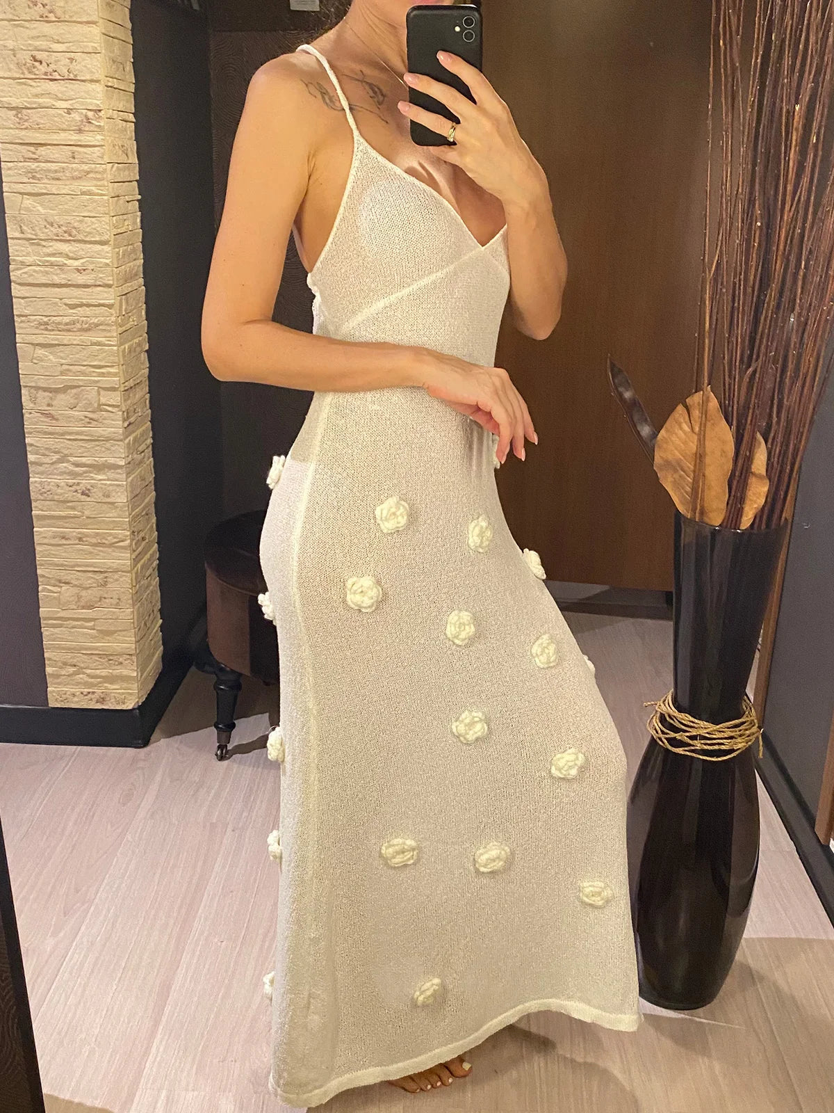 Elegant 3d Flower Knitted Dresses For Women V-neck Backless Sleeveless Lace Up Female Maxi Dress Summer Lady Beach Dress V6211