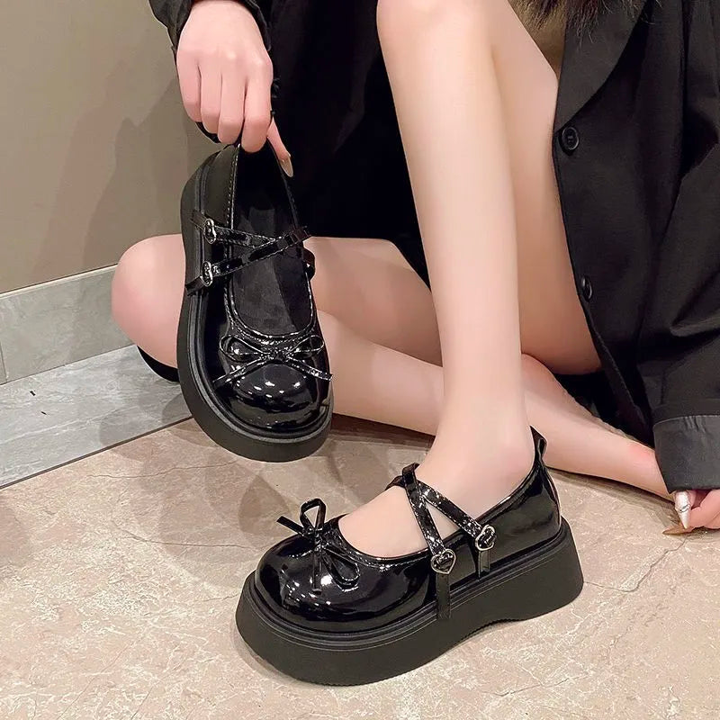 Women Bow Mary Jane Shoes Patent Leather Cross Strap Heart Buckle Chunky Platform Round Toe Sweet Lolita Casual Dress Shoes