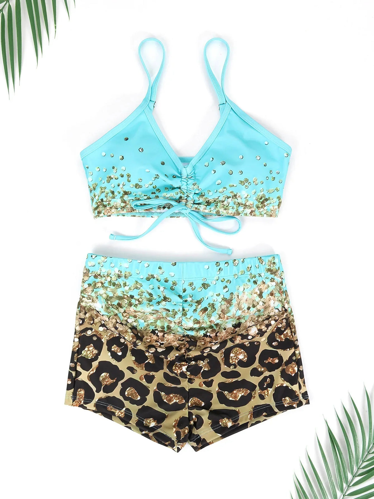 Women Bathing SuitPrint Leopard Bikinis 3 Pieces Swimsuit Kimono High Waist Bikini Shorts Long Sleeve Beach Cover Up Swimwear