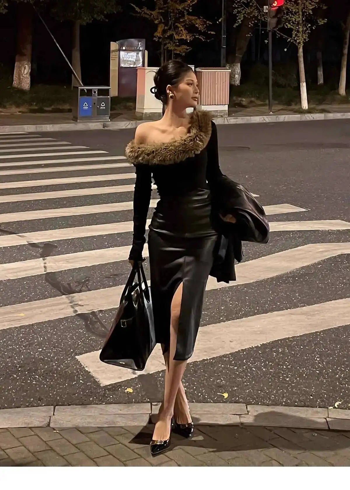 Sexy One Step Split PU Leather Half Skirt For Women's New High Waisted Slim Streetwear Black PU Fashion Womne Mini DressYTM8