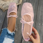 BigSize 43 Breathable White Lace Mary Jane Flats Women Comfy Walk Square Toe Casual Office Lady Ballet Flats Shoes Daily Wear