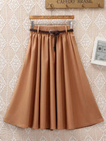 Midi Knee Length Summer Skirt Women With BeltFashion Korean Ladies High Waist Pleated A-line School Skirt Female