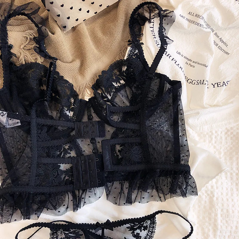 Women's French Lace Lingerie Set Sexy Ultra Thin See Through Bra & Thong Shaping Camisole Embroidery Underwear Set Hot Tushy P P