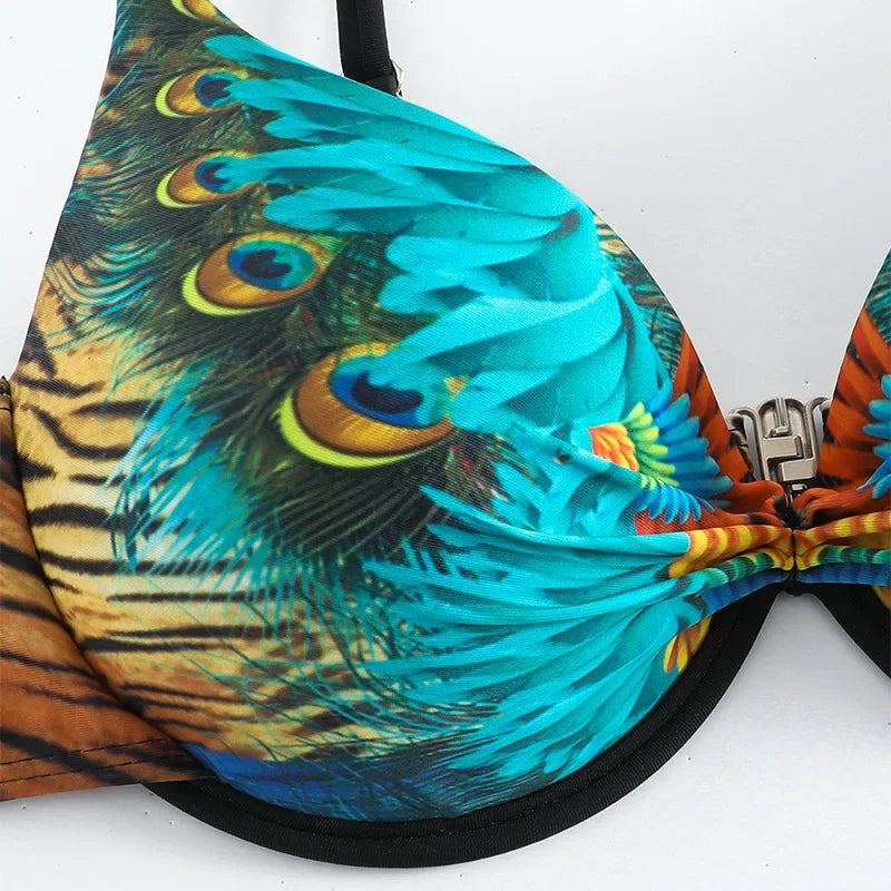 Peacock Leopard Printed Underwired Bra Cup Bikini Women Swimwear Female Swimsuit Two-pieces Bikini Set Push Up Bathing Suit Swim