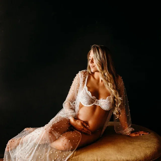 Luminous Lace & Pearls Luxurious Tulle Bride Sheer Robe Luxury Pearl Bridal Voile Robe for a Sparkling Wedding Day Kimono Robe