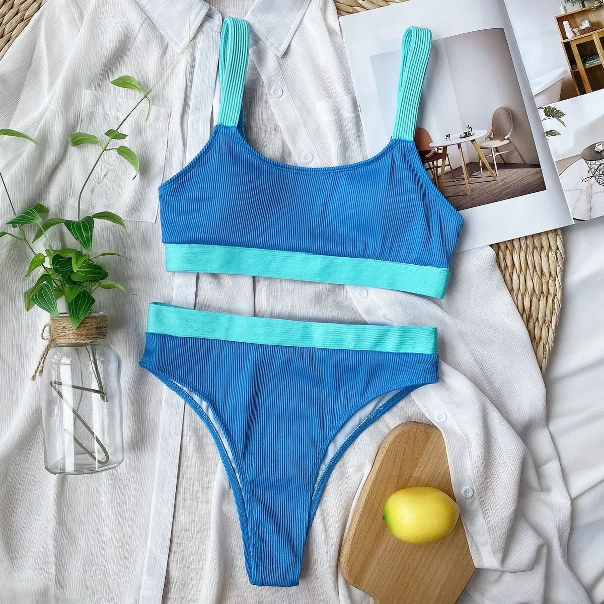 Bikini 2026 Swimsuit Swimwear Women High Waist Splicing Beachwear Sports Ribbed Bathing Suit Push Up Biquinis Feminino Tankini
