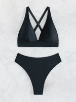 Solid Color Black Swimsuit for Women 2026 Summer High Waist 2-piece Bikini Set Beach Bathing Suit Bandage Vacation Swimwear