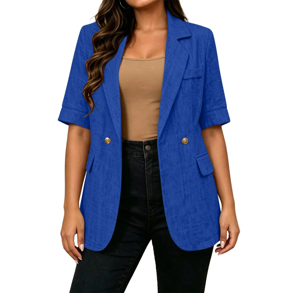 Women Textured Blazer Jacket Lapel Collar Double Breasted Half Sleeve Pocket Loose Suit Coat Elegant Office Summer Outerwear