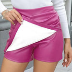 Women High-Waisted Mini Skort Pure Color Slimming Design Fake Skort Ladies Faux Leather Hip-Covered Mini Skirt For Daily Wear