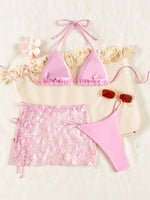 Sexy Shiny Sequin Blue White Bikini Set Women 3D Mesh Flower Cover Up 3 Piece Thong Swimsuit Beach Holiday Bathing Suit Swimwear