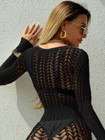 Women Sheer Mesh Long Sleeve Beach Cover Up, Sexy See-Through Fishnet Dress, Solid BodyconFor Summer Beach Party