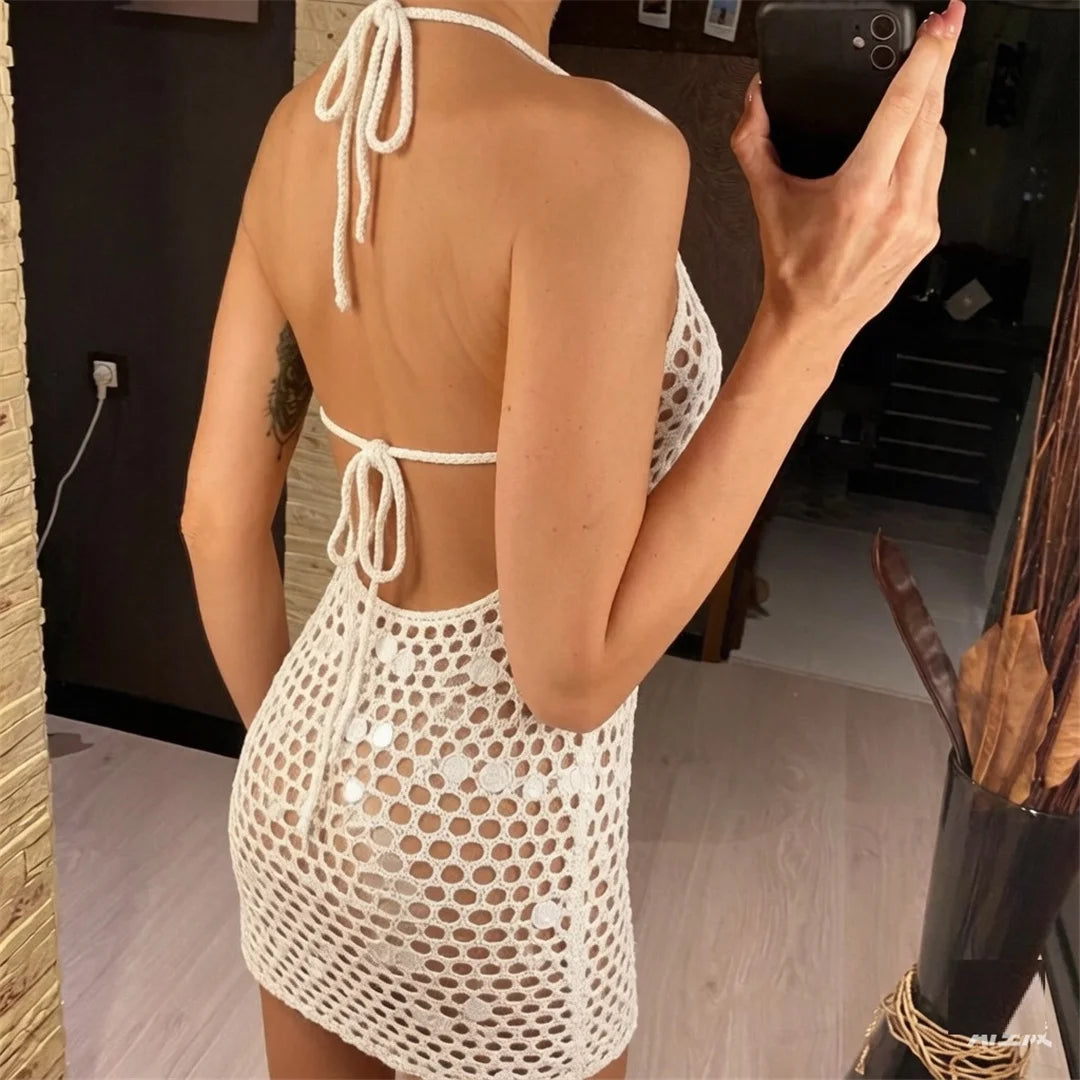 Halter Backless Hollow Out Crochet Knitted Tunic Beach Cover Up Cover-ups Beach Dress Beach Wear Beachwear Female Women V8336